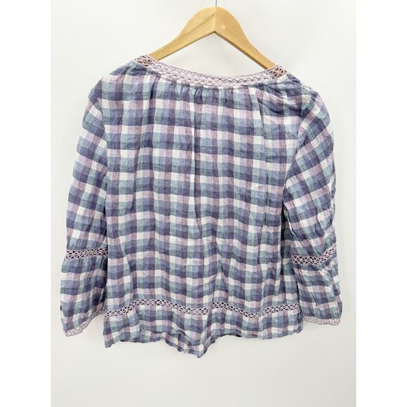Chico's Womens Top 12P Purple Plaid V-Neck Crochet 100% Linen Popover Peasant - Picture 2 of 8